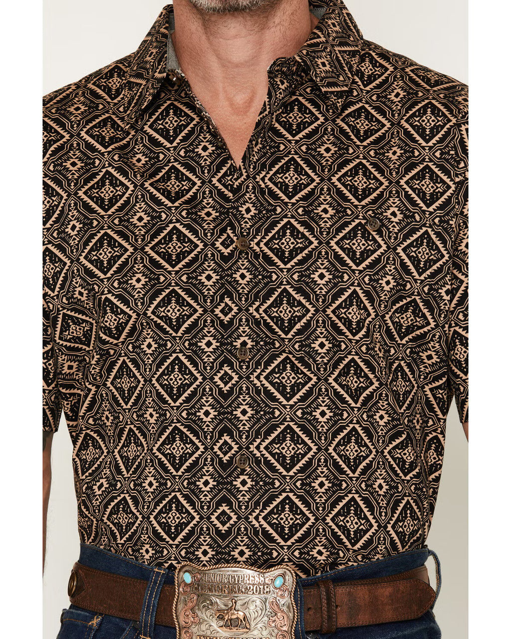 RANK 45 Men's Free Hand Medallion Print Short Sleeve Button-Down Stretch Western Shirt - Black - Small