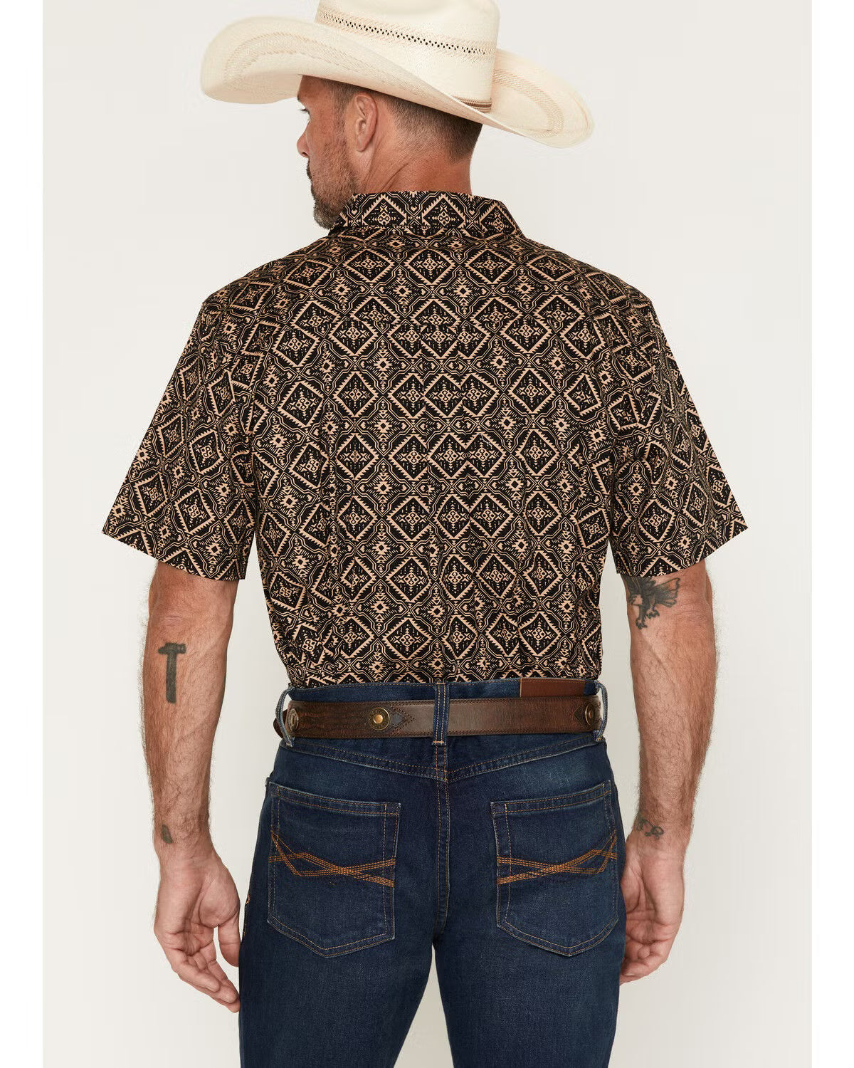 RANK 45 Men's Free Hand Medallion Print Short Sleeve Button-Down Stretch Western Shirt - Black - Small