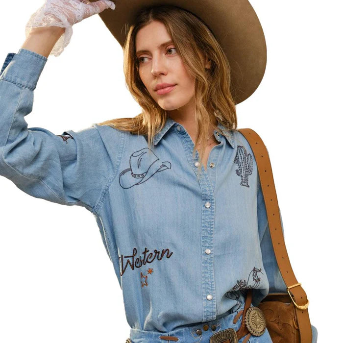 Blue B Women's Washed Denim Embroidered Western Shirt (Size: Small)