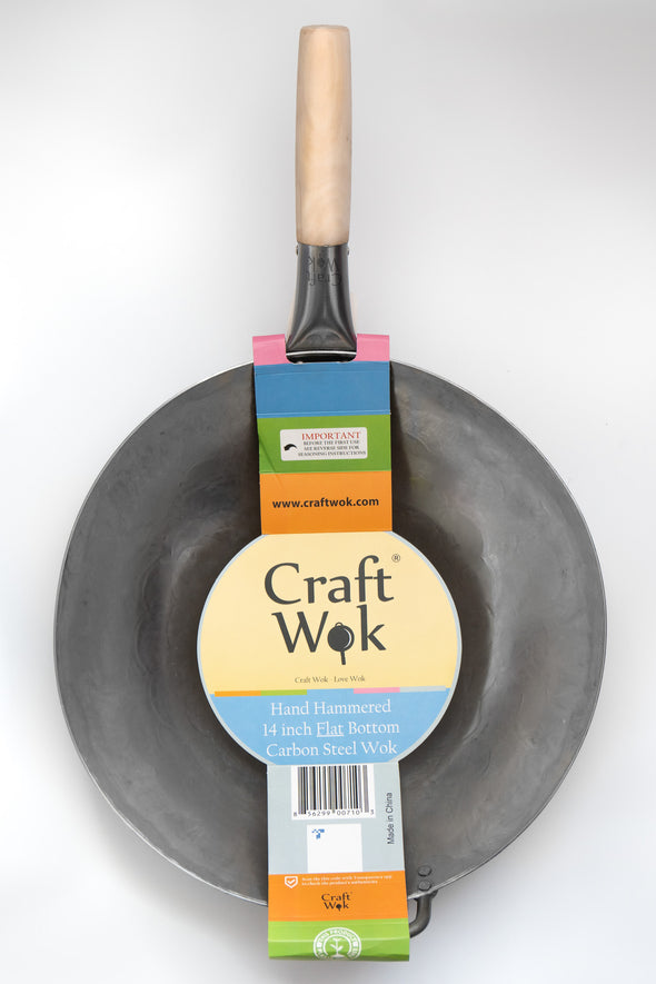 *Craft Wok Hand Hammered 14in Flat Bottom, Carbon Steel Wok with Wooden Handle, 731W316