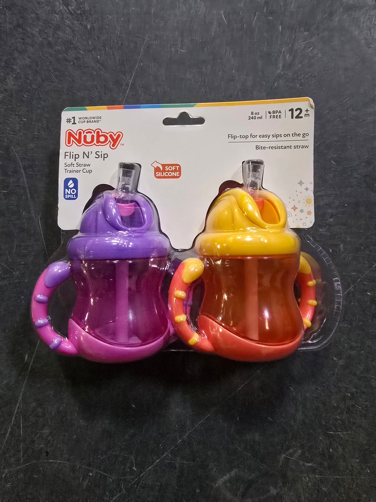 Nuby Flip N Sip Straw Sippy Cup, Green/Pink, 8 fl oz, 2 Count