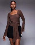ASOS DESIGN textured tie waist flared sleeve top in Brown, Small