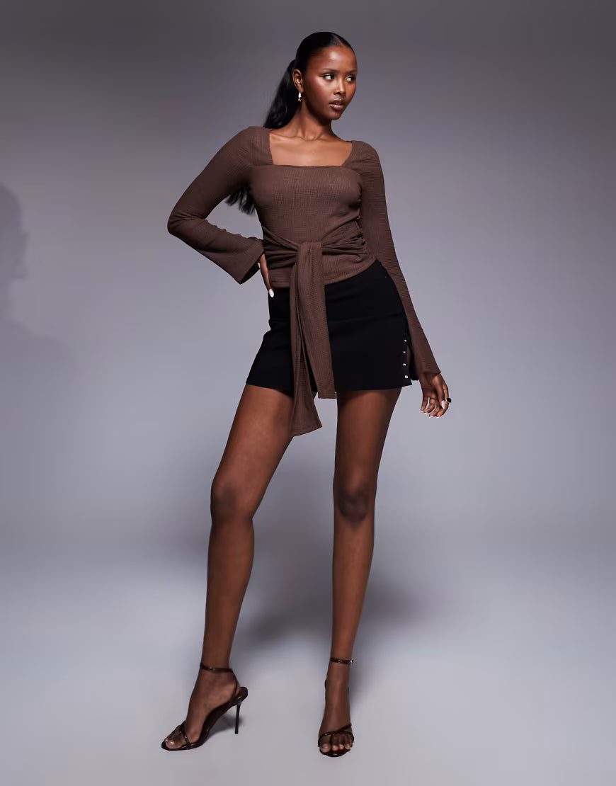 ASOS DESIGN textured tie waist flared sleeve top in Brown, Small