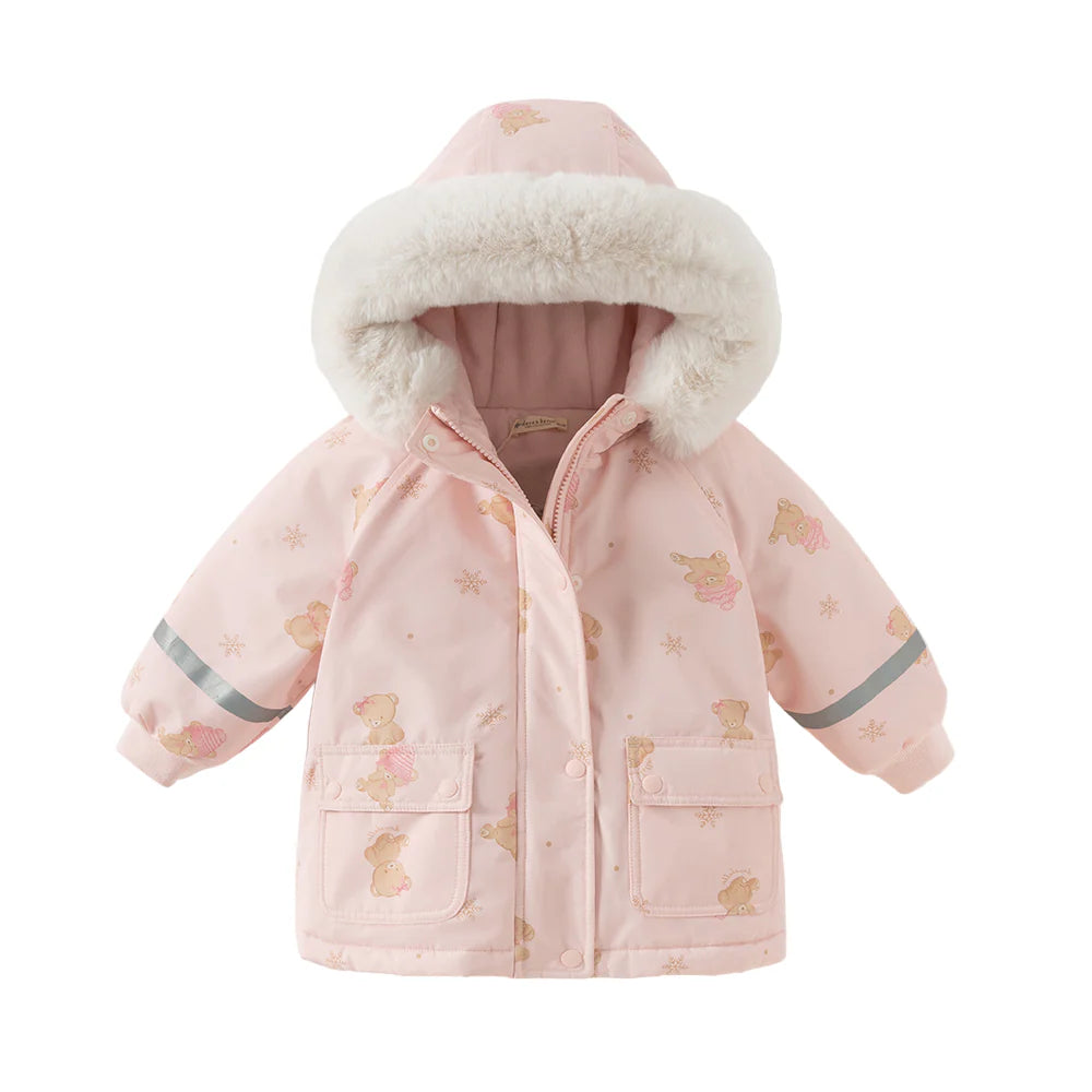 Dave & Bella Toddler Girls Pink Hooded Padded Jackets with Bear Print - Size: 130/60 (Girl's 6-7 yr)