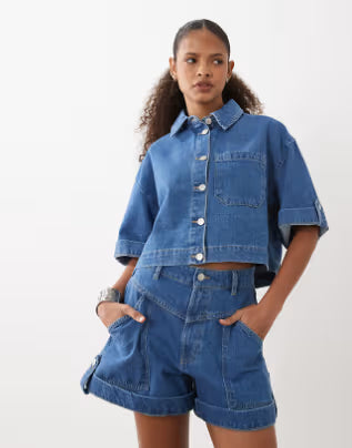 ASOS Design Denim Boxy Shirt in Mid Blue, Women US 6