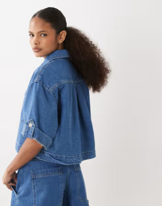 ASOS Design Denim Boxy Shirt in Mid Blue, Women US 6