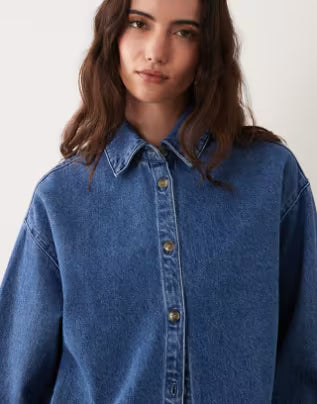 ASOS Design Oversized Denim Shirt in Mid Blue, Women US 6