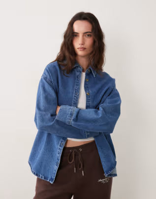 ASOS Design Oversized Denim Shirt in Mid Blue, Women US 6