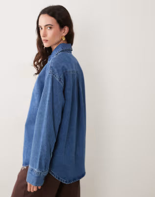 ASOS Design Oversized Denim Shirt in Mid Blue, Women US 6