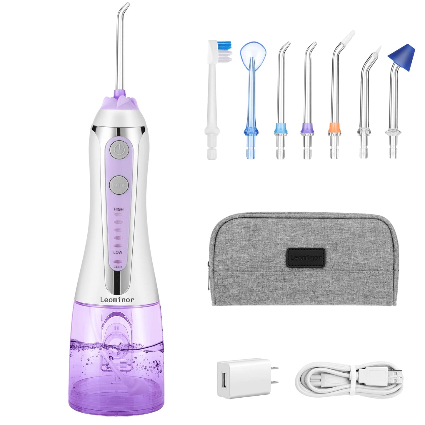 Leominor Cordless Water Flosser Professional Oral Irrigator,2021 Upgraded Electric Dental Flosser IPX7 Waterproof ,with Travel Bag and 7 Jet Tips, Rechargeable for Home&Travel, Purple