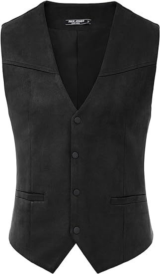 PJ PAUL JONES Mens Faux Suede Leathr Suit Vest Western Cowboy Dress Vests with Pockets
