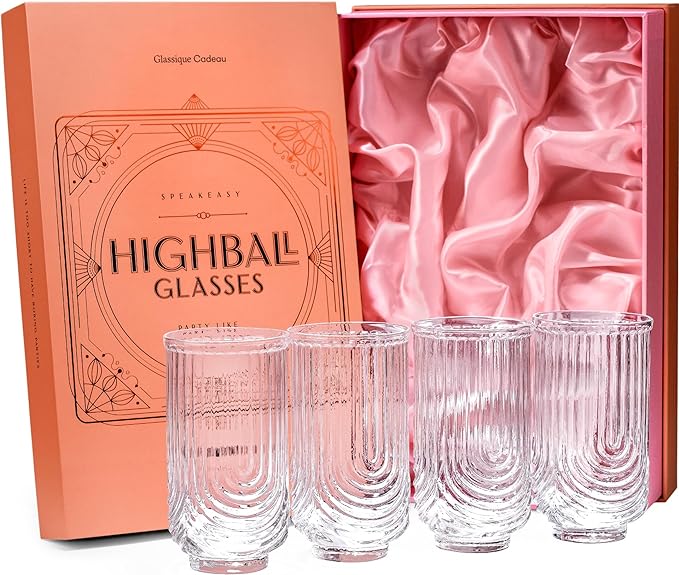 GLASSIQUE CADEAU Vintage Art Deco Highball Gatsby Cocktail Glasses | Set of 4 (New)