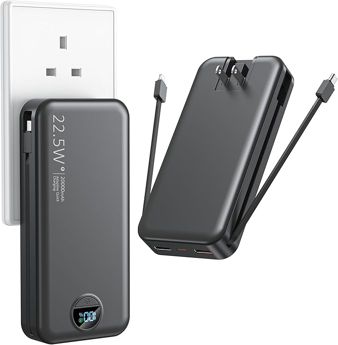 SAFE SPEED-Portable Charger with Wall Plug, (AC-02DP) 20000mAh USB C Power Bank Fast Charging, External Battery Pack with Built in Cables, Digital Display, 5 Output 2 Input for iPhone Android Cell Phone Tablet