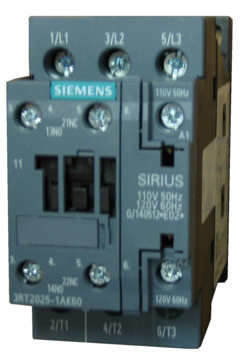 Siemens 3RT2025-1AK60 3 Pole, 16 AMP contactor Rated 5 H.P @ 230v / 10 H.P. @ 460 Volt 3 Phase - 110/120vAC Coil and 1 N.O./1 N.C. Base Mounted Auxiliary Contacts