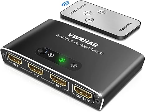 VWRHAR HDMI Switch 3 in 1 Out 4K UHD HDMI Switcher Splitter, Automatic Switch with Remote Metal HDMI Switch Box Hub Support 4K 30Hz 3D 1080P HDCP1.4 for PS5, PS4, Xbox, DVD Player, Fire Stick, Apple TV, and PC (Black)