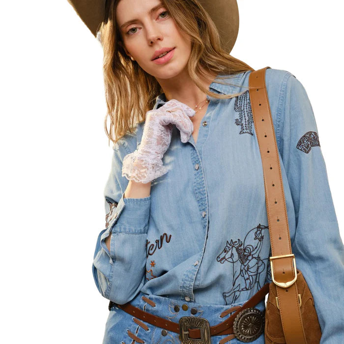 Blue B Women's Washed Denim Embroidered Western Shirt (Size: Small)