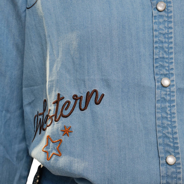 Blue B Women's Washed Denim Embroidered Western Shirt (Size: Large)