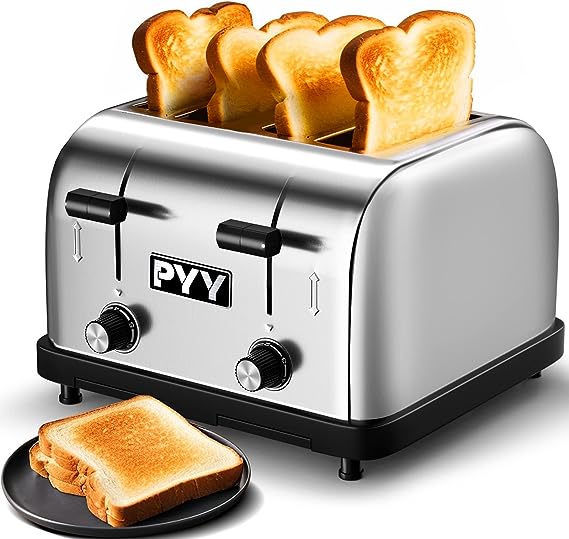 PYY 4-Slice Toaster Commercial Pop Up Wide Slots 1.57 inch Stainless Steel 6 Shade Setting With Removable Crumb Tray 225 Slice/Hour 1800W (Silver) - Perfect for Bread, Bagels, Texas Toast, Kitchen, Restaurant