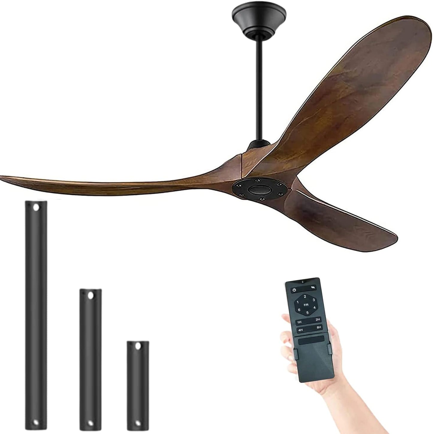 Ceiling Fan without Lights, 52" Wood Ceiling Fans with Remote, Outdoor Ceiling Fan for Patio, Damp Rated 3 Blade Large Airflow Indoor Outdoor Commercial Ceiling Fan for Exterior House Porch Gazebo