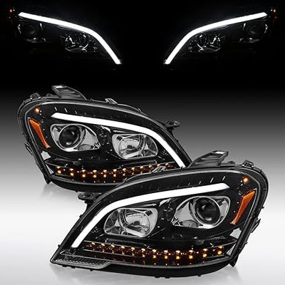 2009-2011 Mercedes Benz W164 ML320, Glossy Black Housing Clear Lens Projector Headlights with LED Sequential Turn Signals, Left + Right Pair Headlamp Assembly