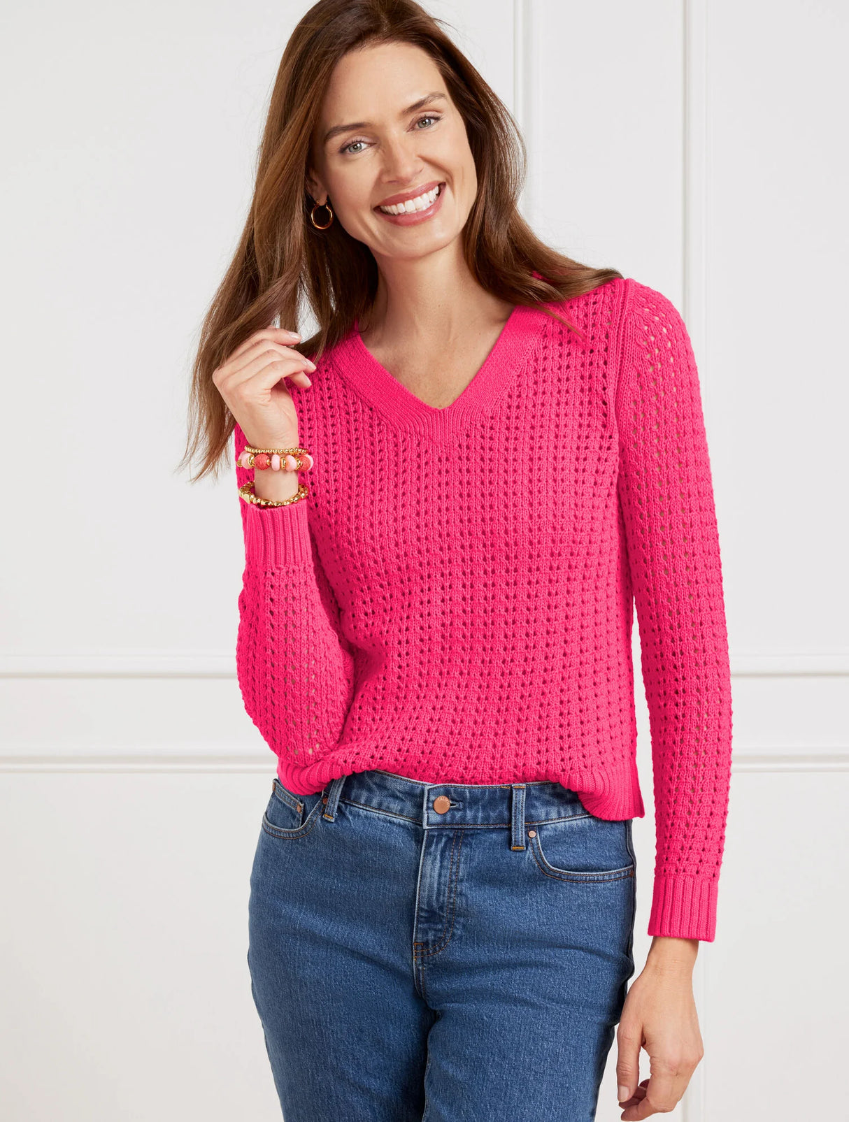 Talbots Open Stitch V-Neck Pullover- Pink- Petite Medium