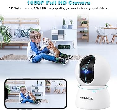 FEBFOXS Baby Monitor Security Camera, WiFi Indoor Camera, 360-Degree Smart 1080P Pet Camera for Home Security and Nanny Elderlywith Motion Detection, Night Vision, Two-Way Audio