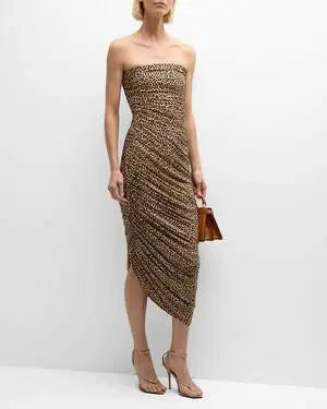 NORMA KAMALI Diana Strapless Ruched Asymmetric Leopard-Print Stretch-jersey Midi Dress Size L/40