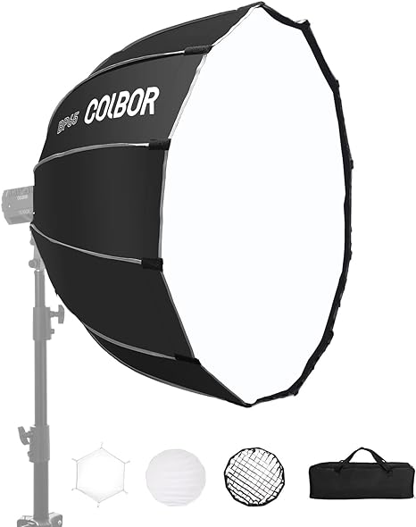 Parabolic Softbox, COLBOR BP65 65cm/25.5inch Quick Set up Quick Release Parabolic Softbox with Diffusers Honeycomb Grid for COLBOR CL60/CL100X/CL100 Series and Other Bowens Mount Light