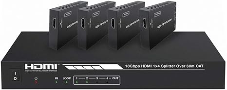 Monoprice 4K HDMI 2.0 1x4 Splitter Extender Kit - Up to 60 Meters 4K@60Hz, 18Gbps, HDR10, HDR10+, Dolby Vision, Hyper Log‑Gamma, HDCP 2.2, HDMI Loop Out, EDID, PoC, 4 Receivers - Blackbird Series (NEW)