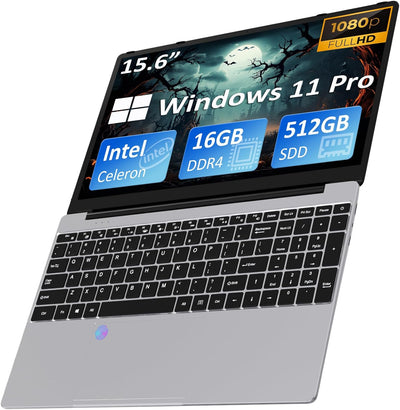 Auusda Laptop Computer with 16GB DDR4 512GB SSD, Intel Celeron N5095 Up to 2.9 GHz, 15.6" FHD IPS LCD, BK, Fingerprint Unlock, Cooling Fan, Webcam, Dual Speakers, Mini HDMI, USB-A x 2, Windows 11 Pro
