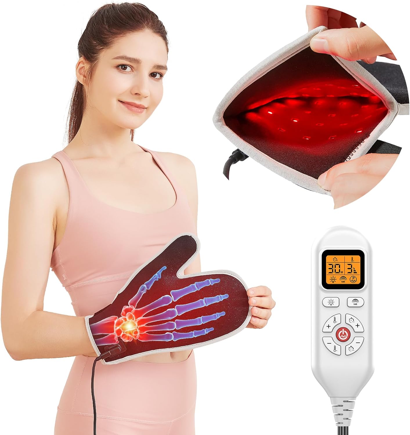 ALDIOUS Red Light Therapy Glove for Hand & Fingers, 660nm & 850nm Infrared Light Therapy For Hand Pain Relief, Double Side Red Light Therapy Belt for Wrist Relief, Auto Shut Off,Adjustable Temperature