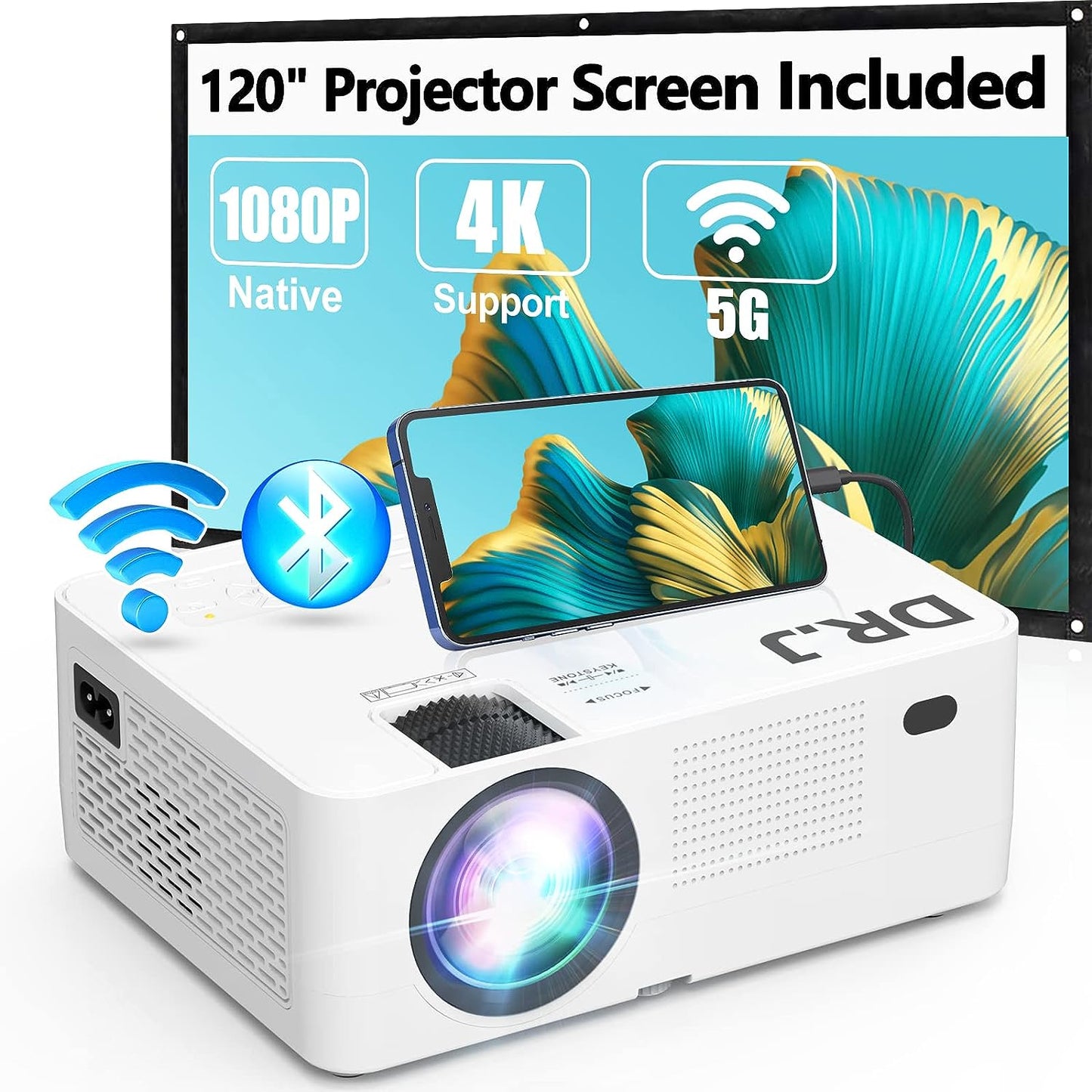 5G WiFi Bluetooth Projector, Full HD Native 1080P Projector 13000 Lumens with Wireless Mirroring Screen