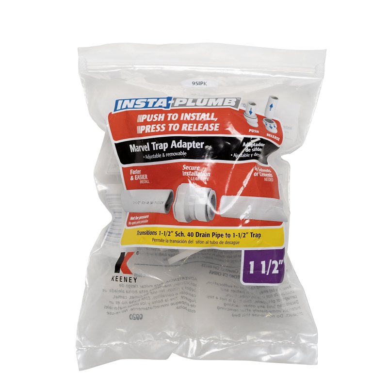 Insta-Plumb 95IPK Trap Pipe Adapter, 1-1/2 in, Push-To-Connect, Plastic, White