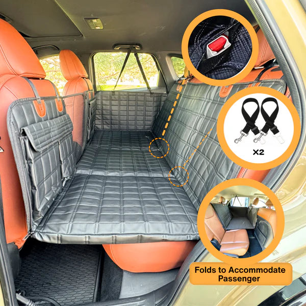 Leather Backseat Extender for Dogs, 100% Waterproof Hard Bottom Dog Car Seat Cover, with Door Covers Seat Extender with Mesh Window and Storage Pockets, Truck SUV Car, Travel Bed (NEW)