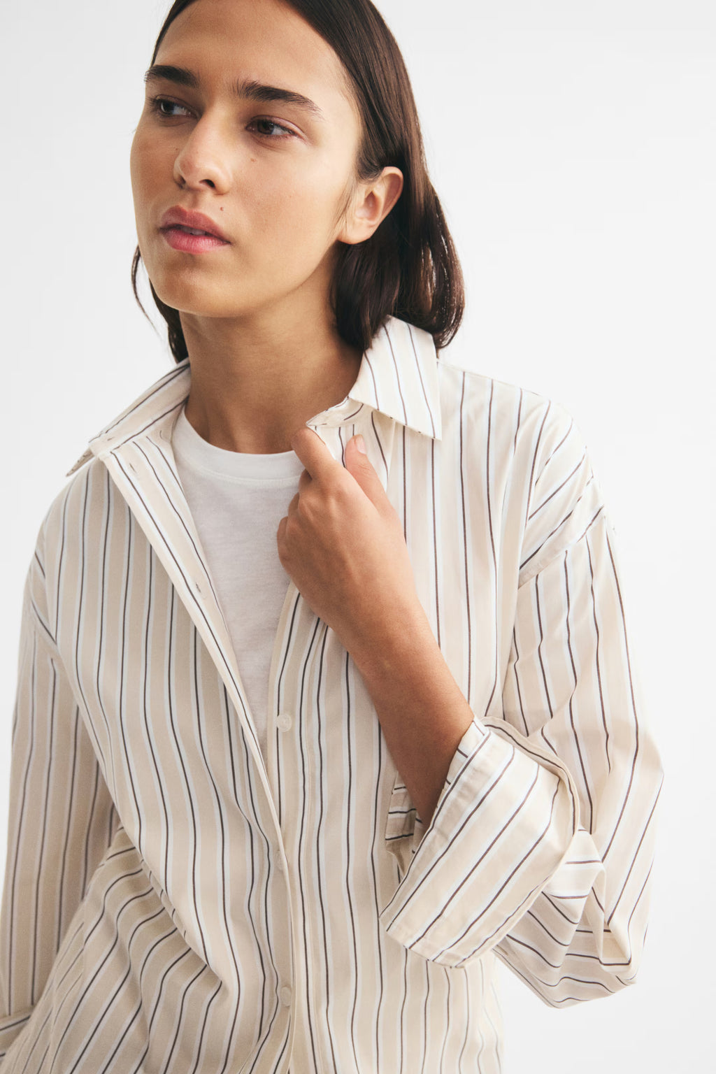 H&M Women's Oversized Poplin Shirt - Light Beige Striped - US Medium