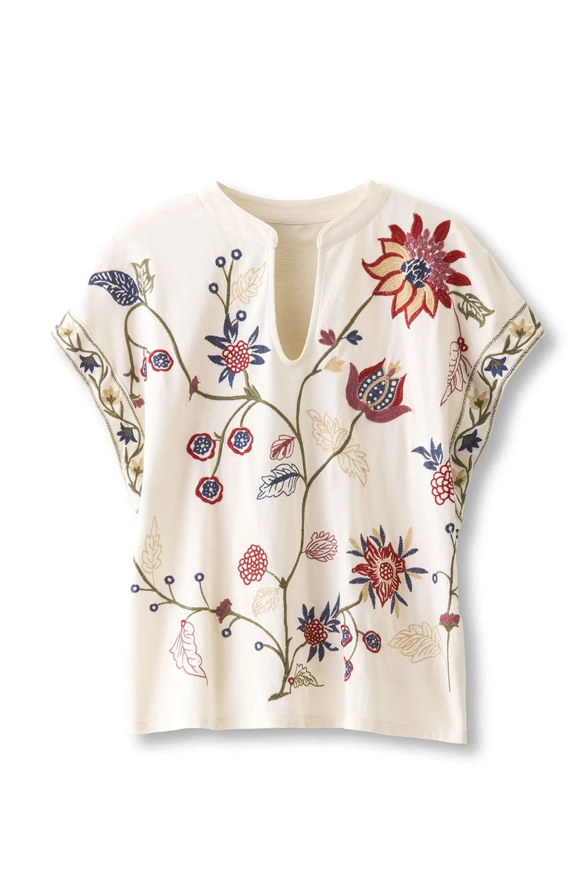 Soft Surroundings Embroidered Blooms Short Sleeve Cotton Knit Top - Birch - Size XL