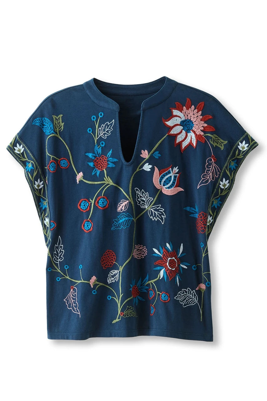 Soft Surroundings Embroidered Blooms Short Sleeve Cotton Knit Top - Navy - Size L