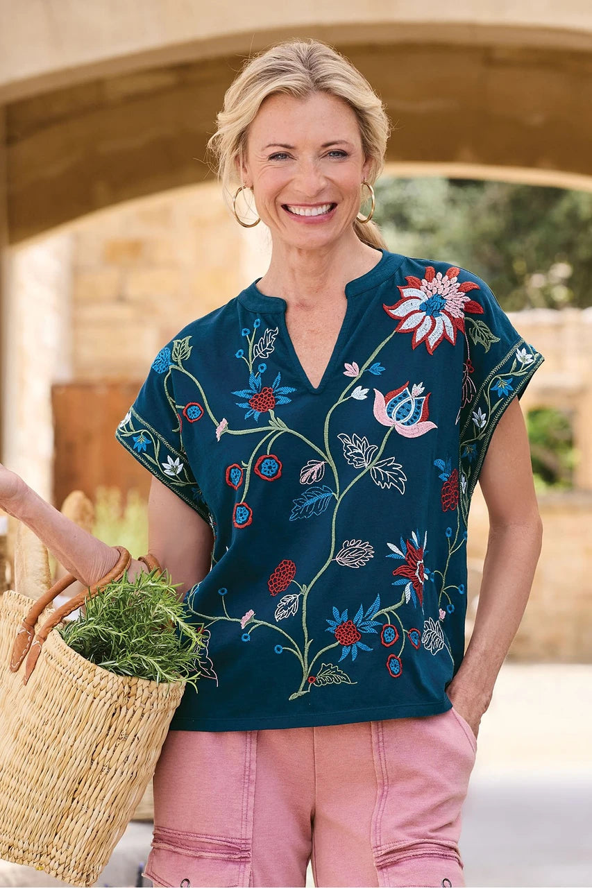 Soft Surroundings Embroidered Blooms Short Sleeve Cotton Knit Top - Navy - Size L