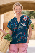 Soft Surroundings Embroidered Blooms Short Sleeve Cotton Knit Top - Navy - Size L