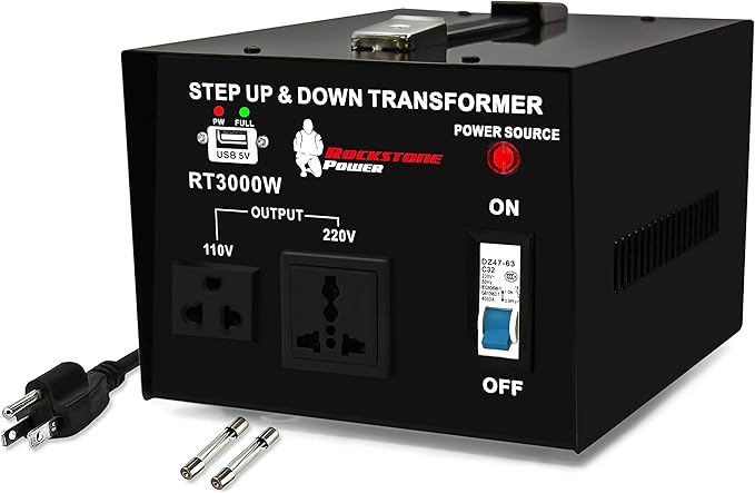 3000 ROCKSTONE Watt Voltage Converter Transformer - Heavy Duty Step Up/Down AC 110V/120V/220V/240V Power Converter - Circuit Breaker Protection – DC 5V USB Port