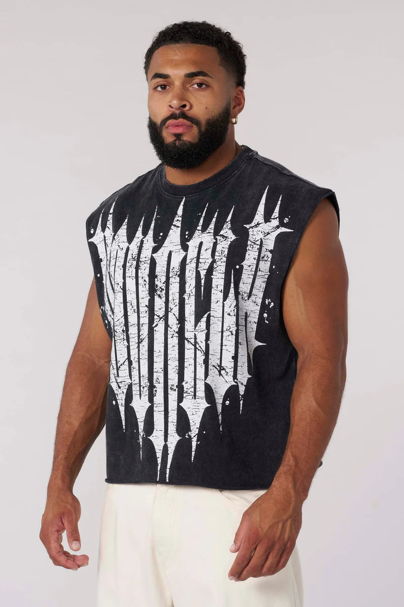 Men's Revenge Crop Cut-Off T-shirt by YOUNGLA - Black Wash - Size Large
