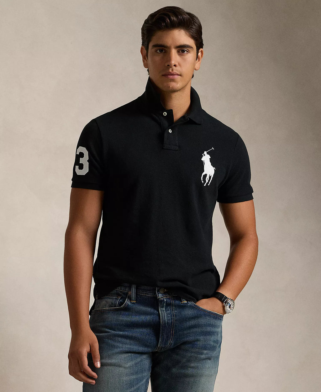 Men's Big Pony Custom Slim Fit Mesh Polo by Polo Ralph Lauren - Black - XXL