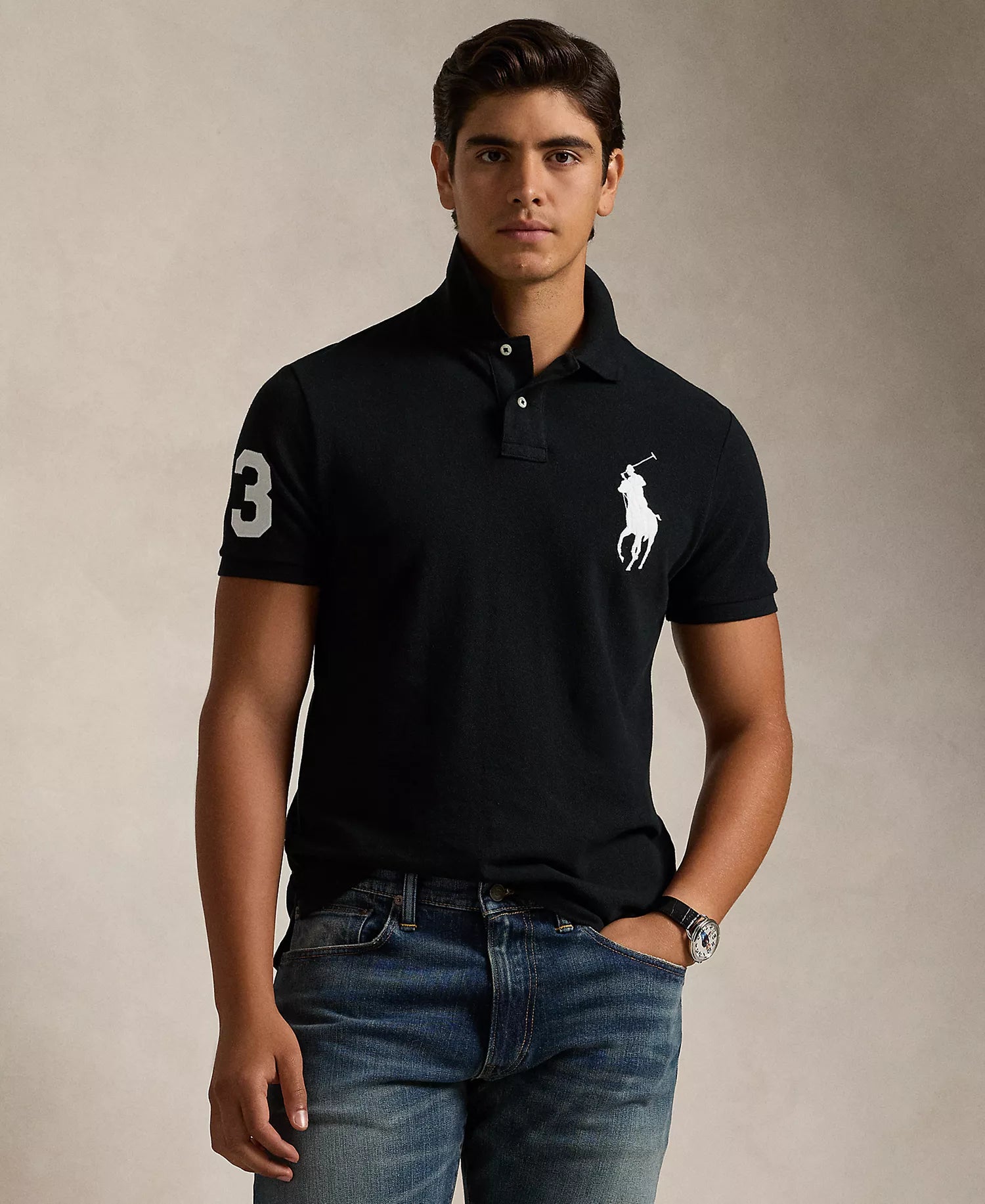 Men's Big Pony Custom Slim Fit Mesh Polo by Polo Ralph Lauren - Black - XXL