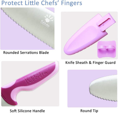 Kibbidea Kids Safe Knife for Real Cooking, Kids First Cutting Knife Set, Round Tip Kids Friendly Kitchen Knife, BPA-free Kids Chef Knife to Learn to Cook(Purple)