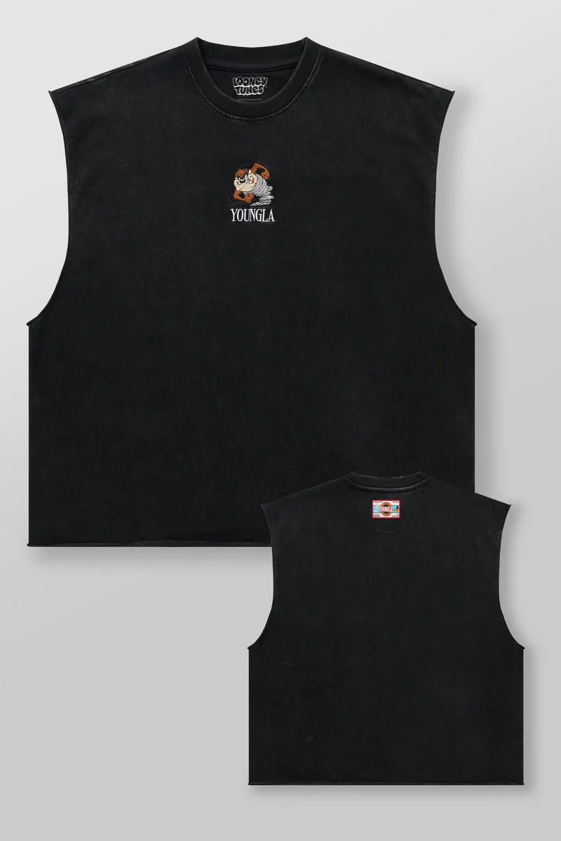 Men's Looney Tunes Taz C Embroidered Cut-Off Shirt by YOUNGLA - Black - Size Large