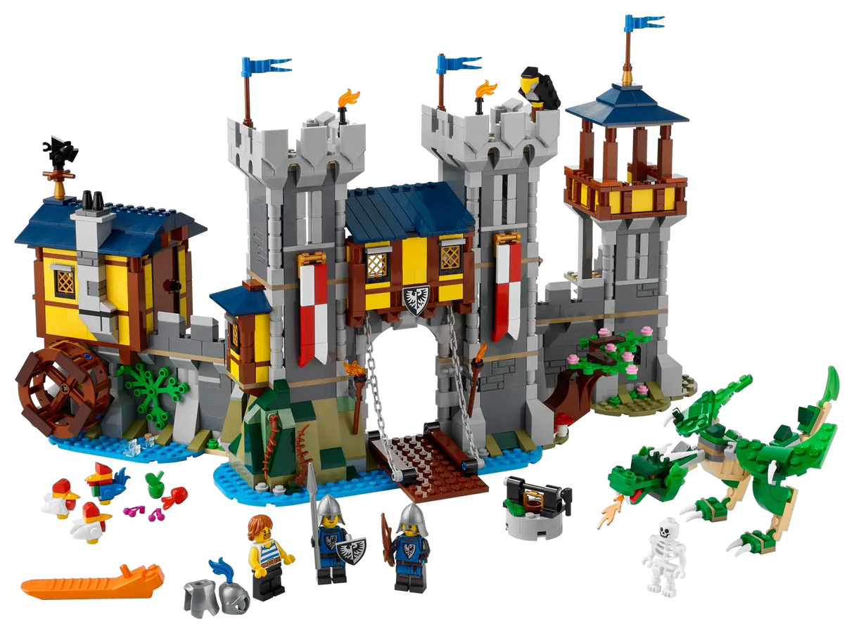 LEGO Creator 3 in 1 Medieval Castle Toy, Transforms from Castle to Tower to Marketplace, Includes Skeleton and Dragon Figure, with 3 Minifigures and Catapult, 31120