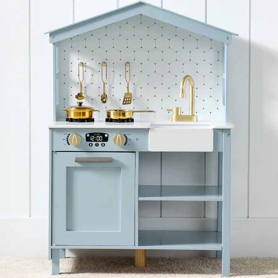 Best Choice Products - Pretend Play Wooden Farmhouse Kitchen Set w/ Storage, Clicking Knobs, 5 Accessories - Ocean