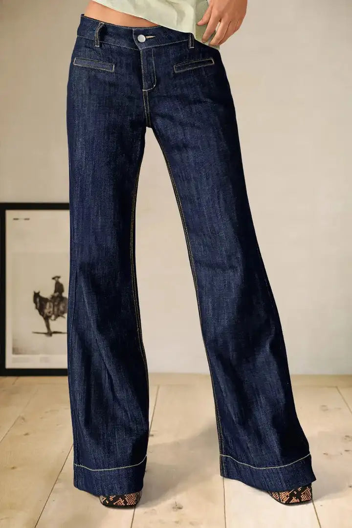 Wash Welt Pocket Flap Decor Mid Rise Straight Leg Jeans