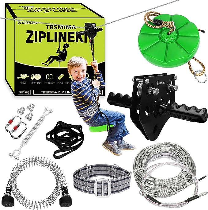 150/180/200 Feet Zip Line Kit for Kids and Adult Up to 330 lb with Zipline Spring Brake and Safety Harness, Zip line Trolley with Handle and Thickened Seat,for Backyard Playground Entertainment