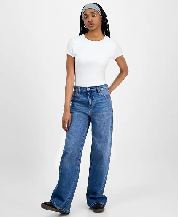 Celebrity Pink Juniors' Mandy Baggy Elastic-Back Wide-Leg Jeans (Size: Small)